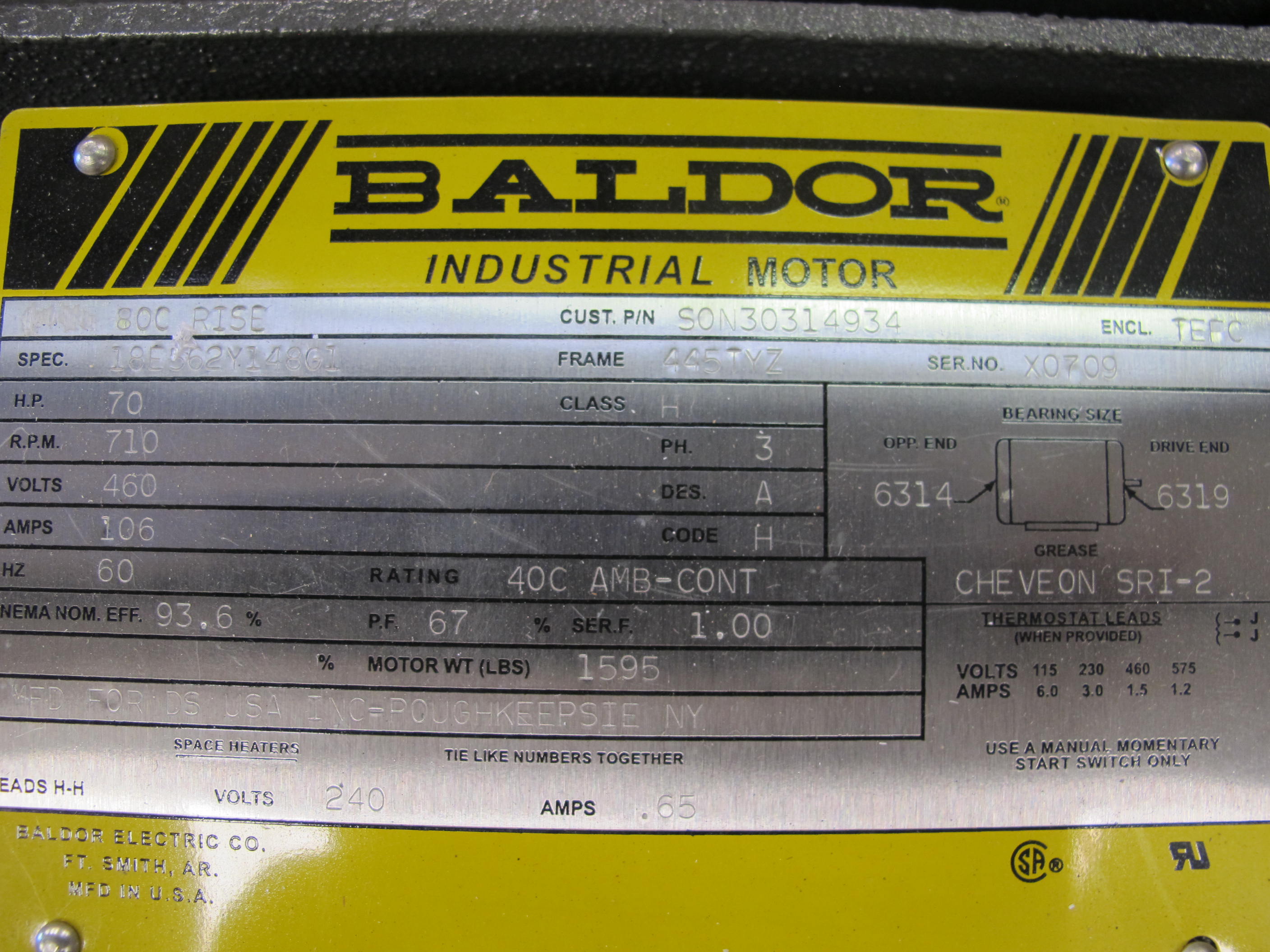 MOTOR, ELECTRIC TYPE, 70 HORSEPOWER, 480VAC 3 PHASE 60HZ ELEC RATING, 710 RPM, 445TYZ FRAME, 106 AMPS, TEFC ENCLOSURE, CONT DUTY, 1.0 SERVICE FACTOR, 3.3478" (-0.0009") SHAFT. CLASS H INSULATION. TWO 120W, 240V HEATERS IN PARALLEL. 80 C HEAT-RISE OVER 40C AMBIENT. DYNAMIC SOLUTIONS SPEC 2005-02 AND DRAWING, PART # SON30314934 (W-44) LOADING & HANDLING FEE $15-